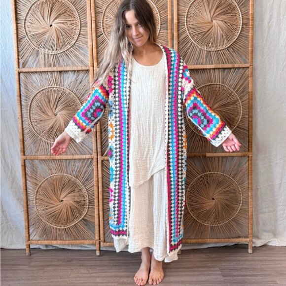 POL Colorful Granny Square Crochet Cardigan One Size - Picture 3 of 8